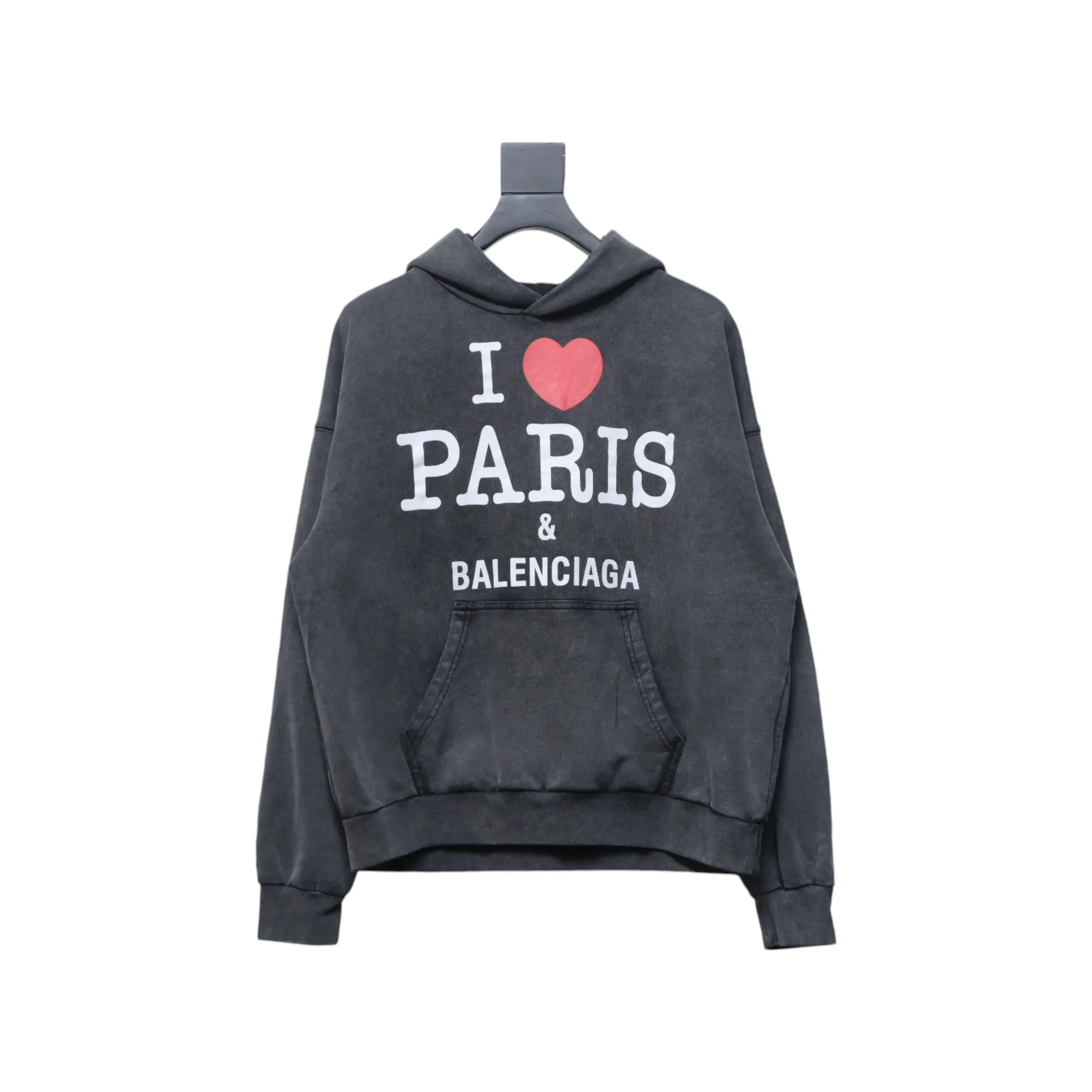 I Love Paris & Balenciaga Cropped Hoodie Oversized in faded black curly fleece