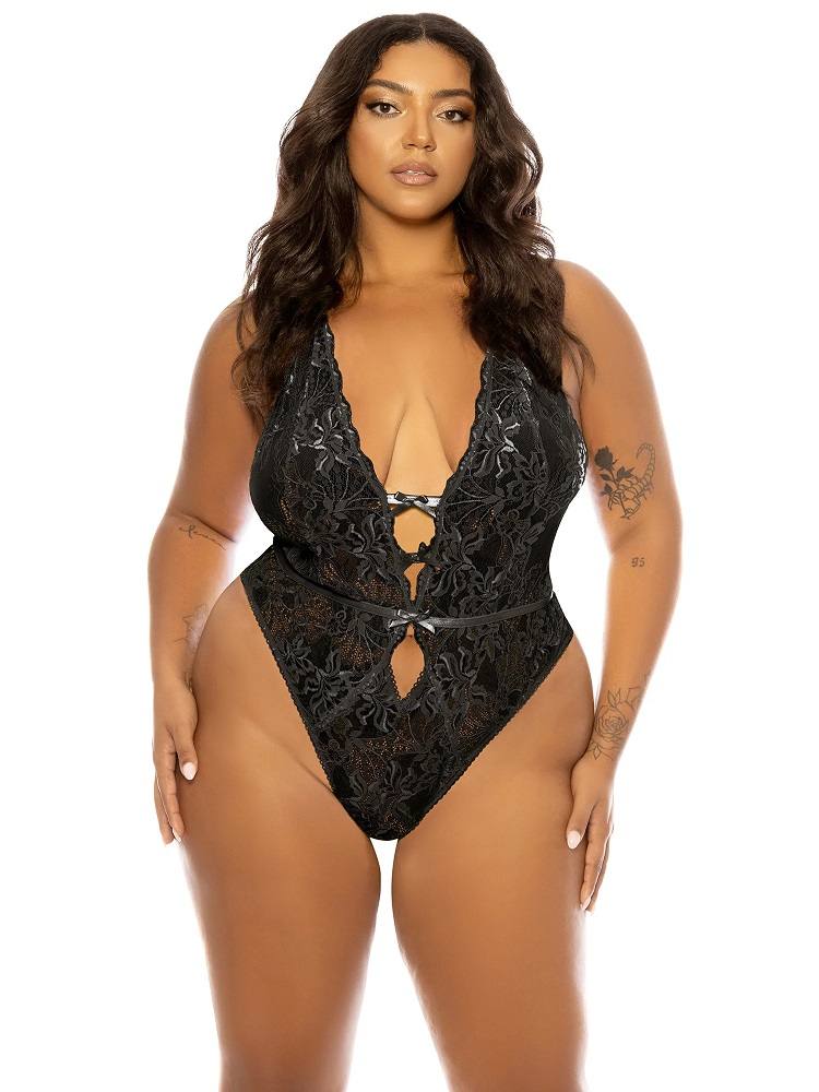 Lauren Crotchless Teddy - Black - 1X/2X