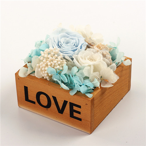 Preserve flowers and wood box love light blue