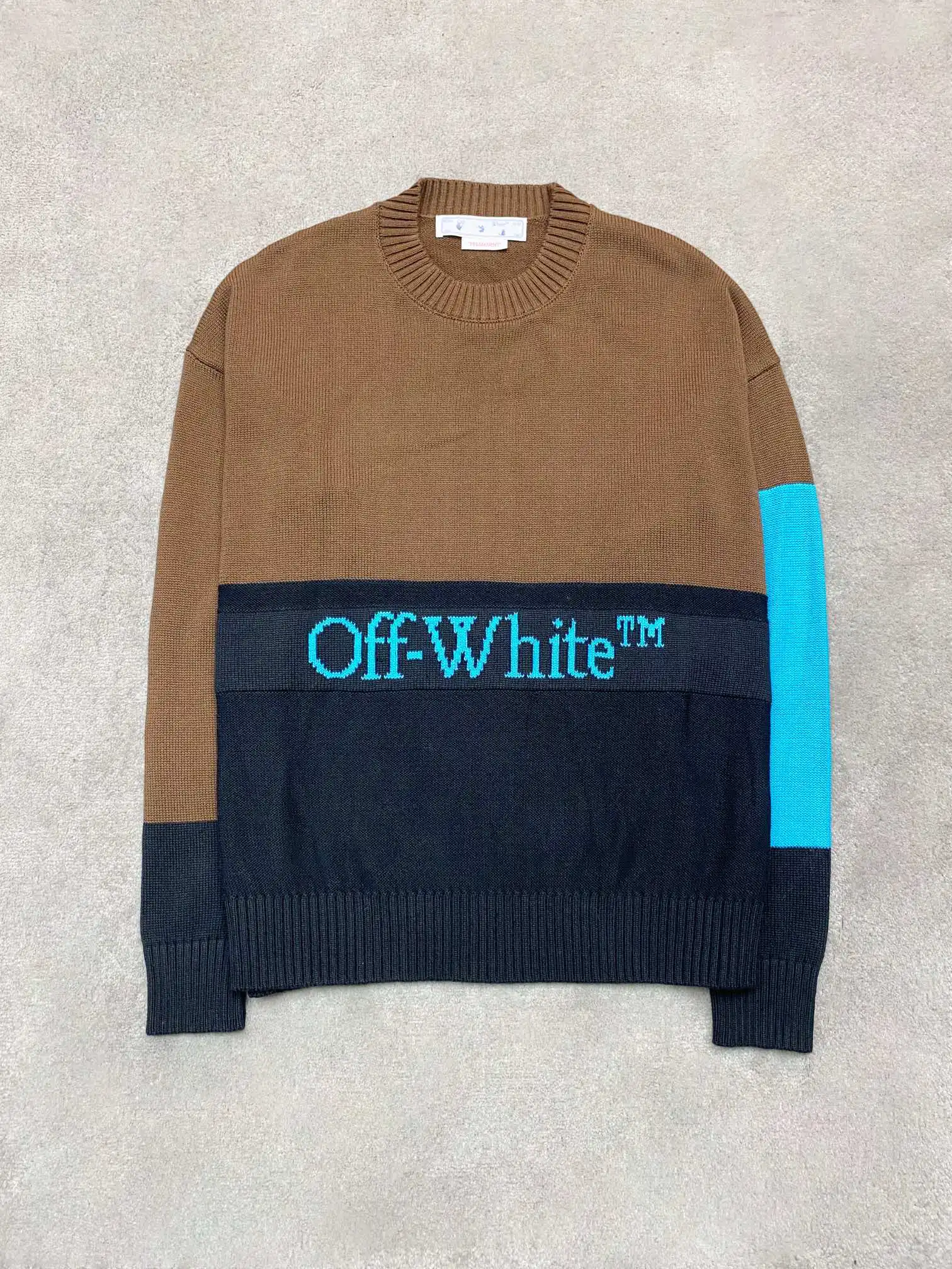 OFF WHITE colorblock knitted jacquard oversized off-shoulder sweater