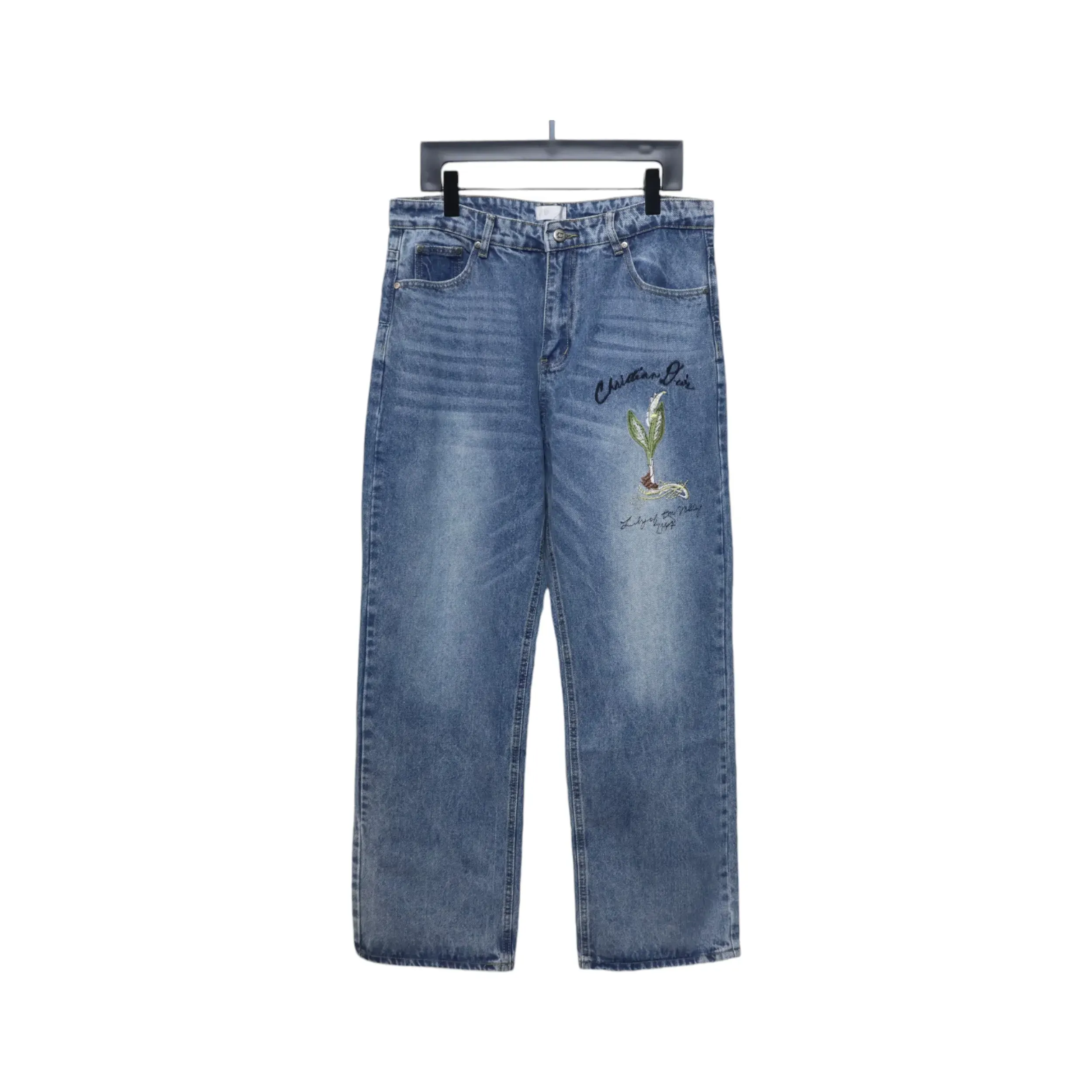 Dior CD embroidered letters plant flowers couple washed jeans