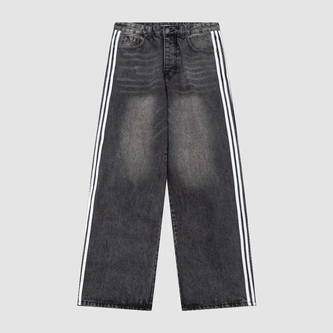 Balenciaga X Adidas Wide-Leg Jeans With Three Stripes On The Side Webbing Black