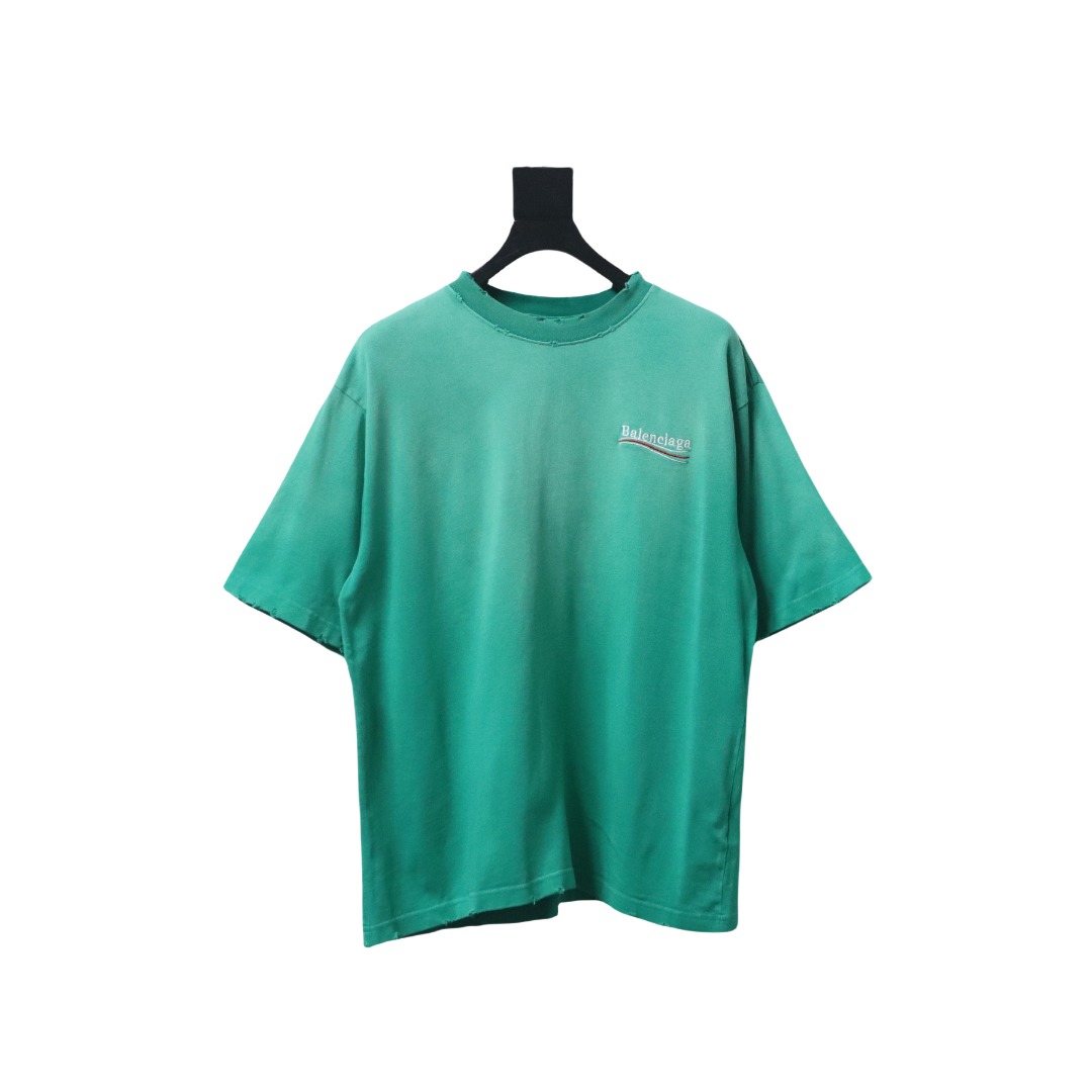 Balenciaga 25ss washed cola embroidery fried color hole short-sleeved T-shirt green
