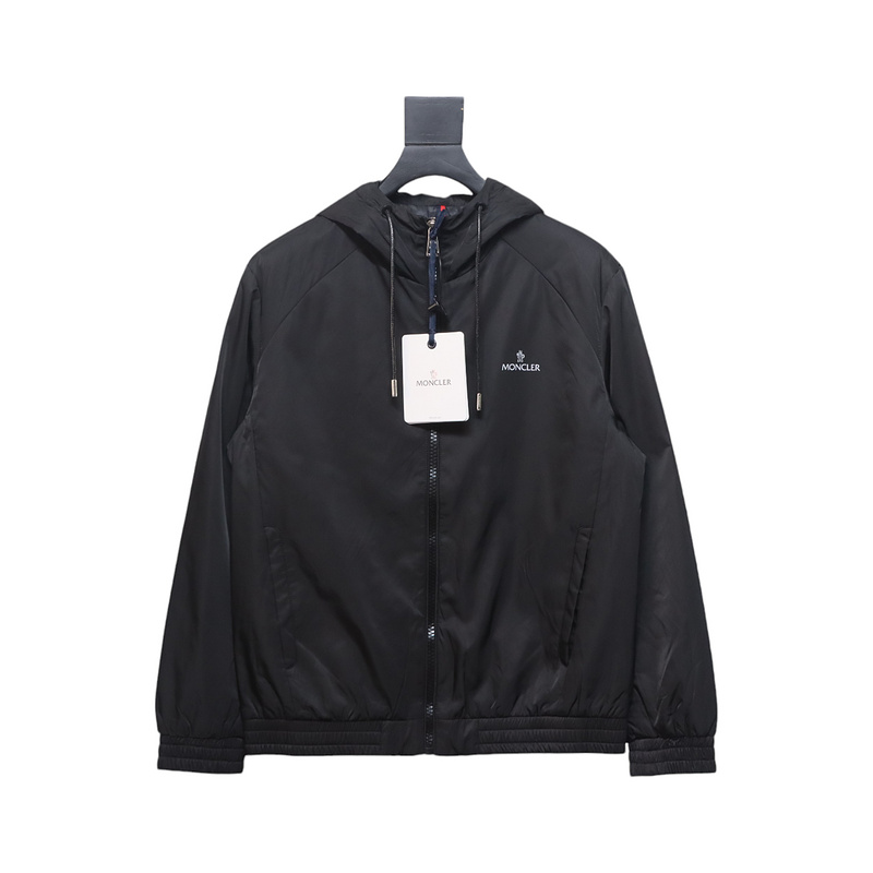 Moncler Black cotton hooded jacket with logo print on front and back