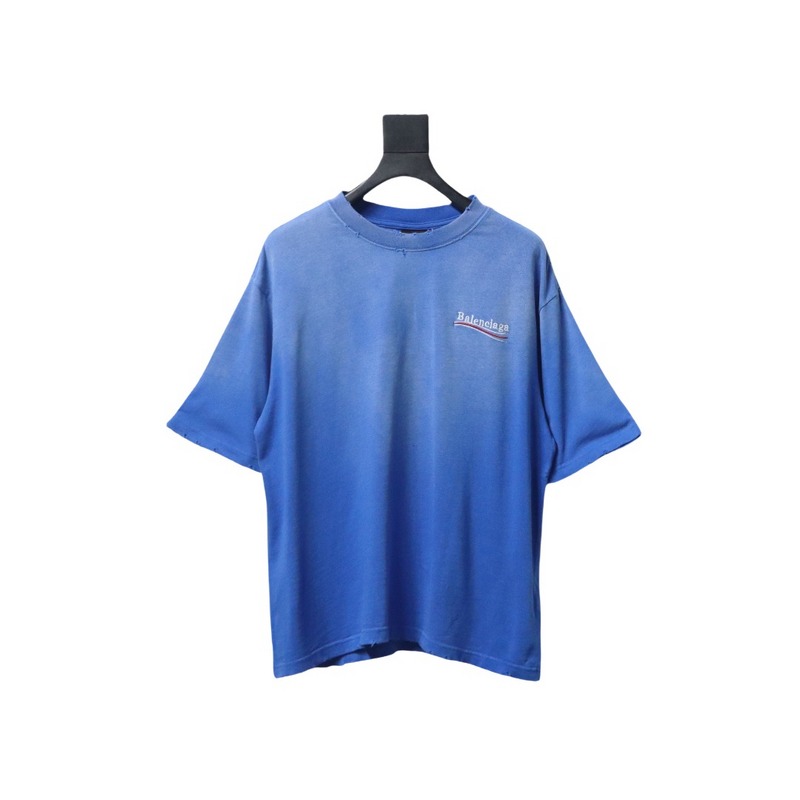 Balenciaga 25ss washed cola embroidery fried color hole short-sleeved T-shirt blue