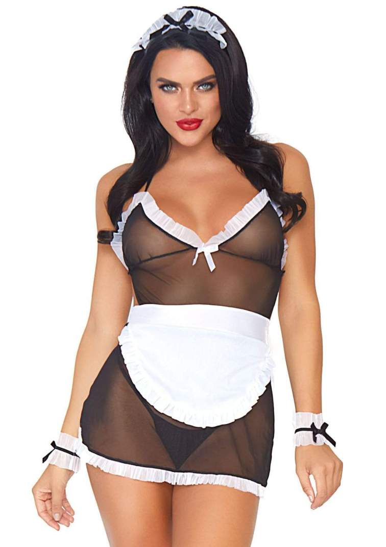 Seductive French Maid Costume 4pcs - Black