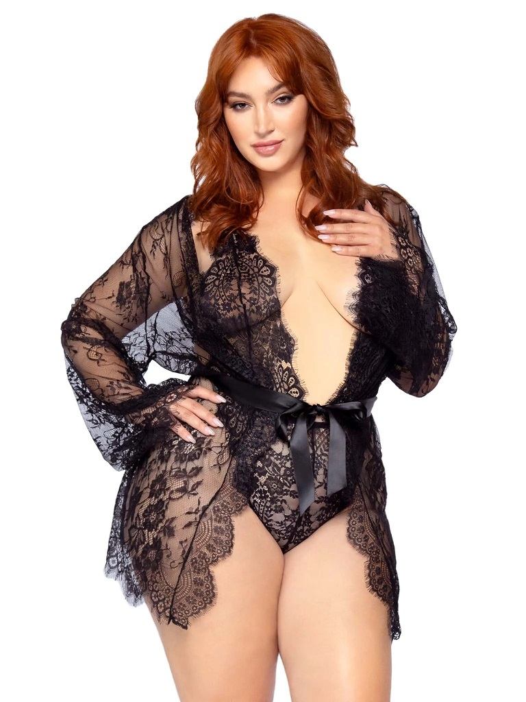 Love Affair Robe & Teddy Set - Black - 1X-2X
