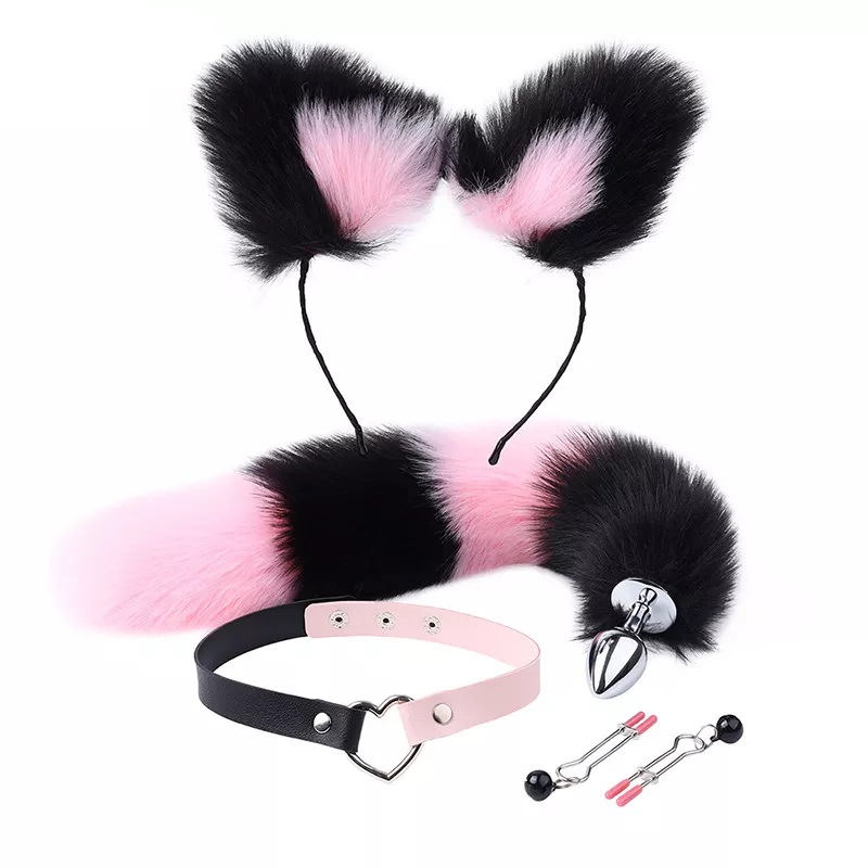 Tail Plug W Ears, Collar & Clamps - Pink/Black