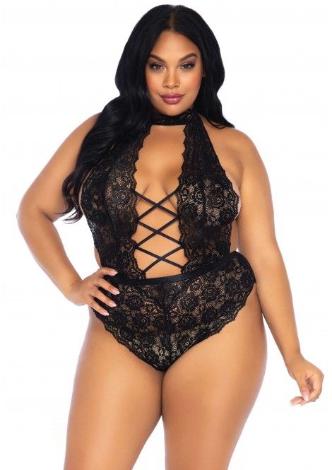 High Neck Floral Backless Teddy - Black - 1X-2X