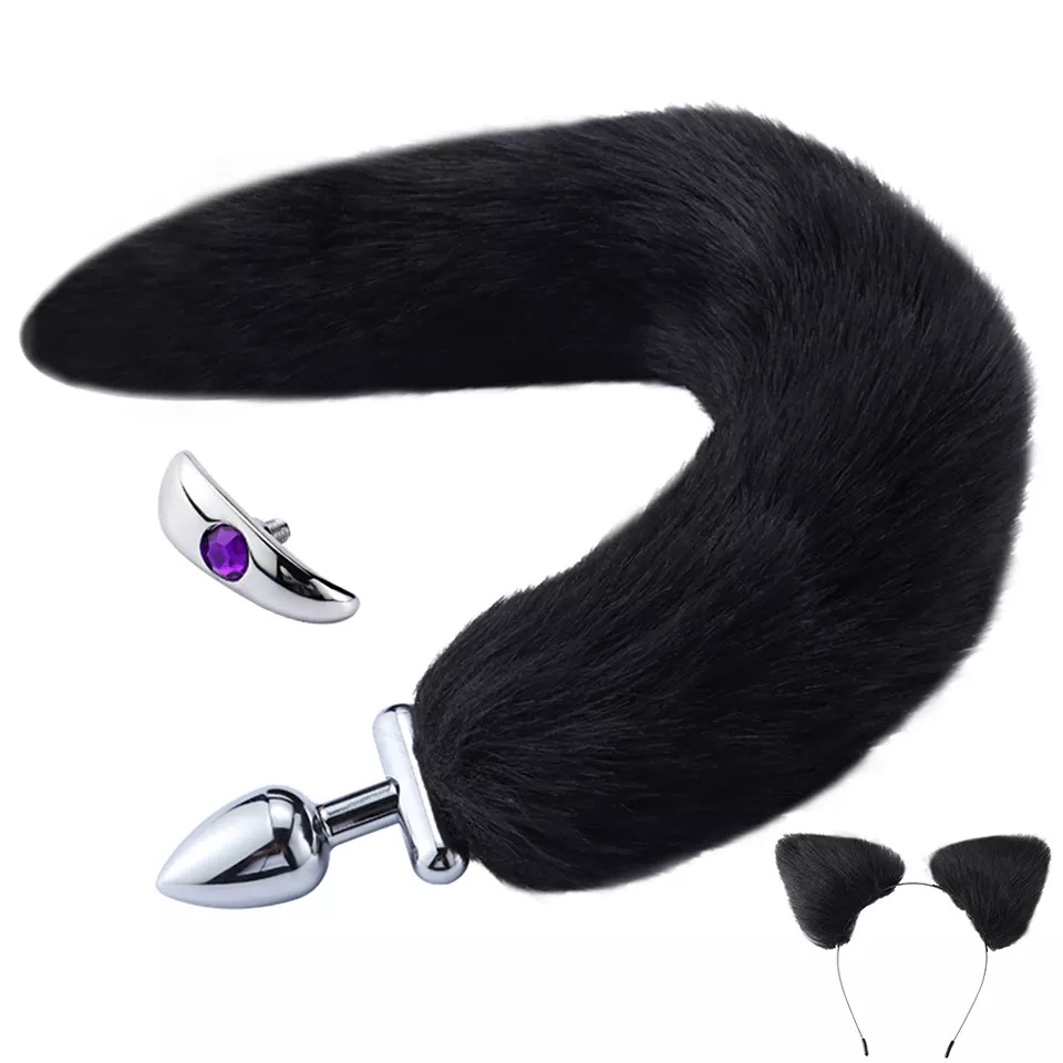 Detachable Tail Plug With Cat Ears - Black