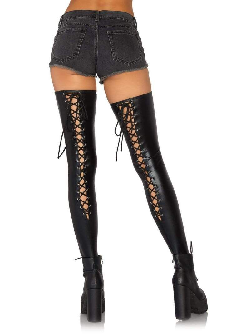 Wetlook Footless Thigh Highs - Black - M/L