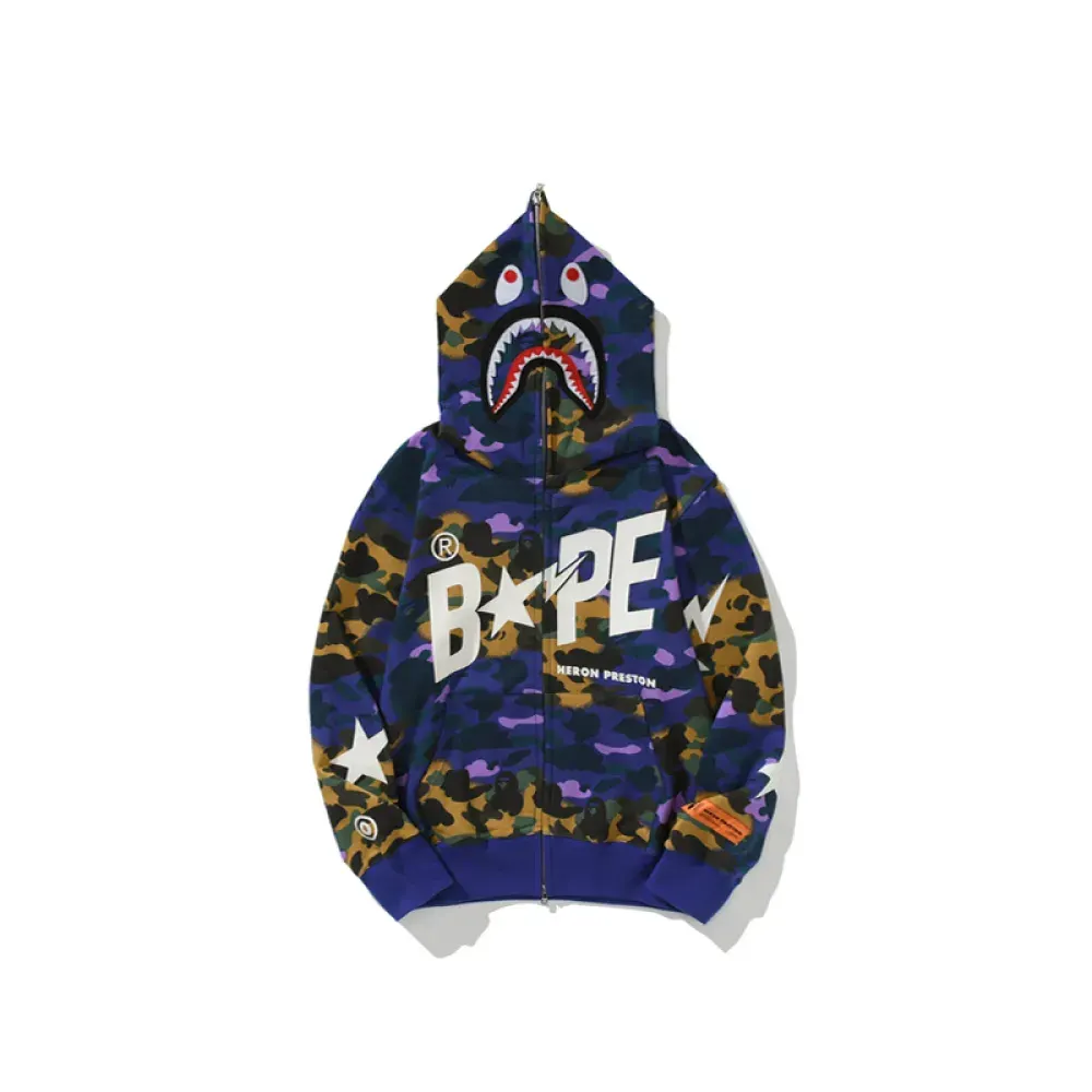 BAPE x Heron Preston Mix 1st Camo Shark Relaxed Fit Full Zip Hoodie Purple