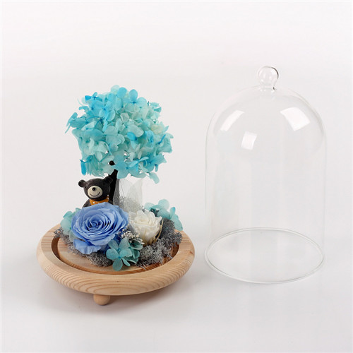 Flower preservation glass cover resin bear light blue
