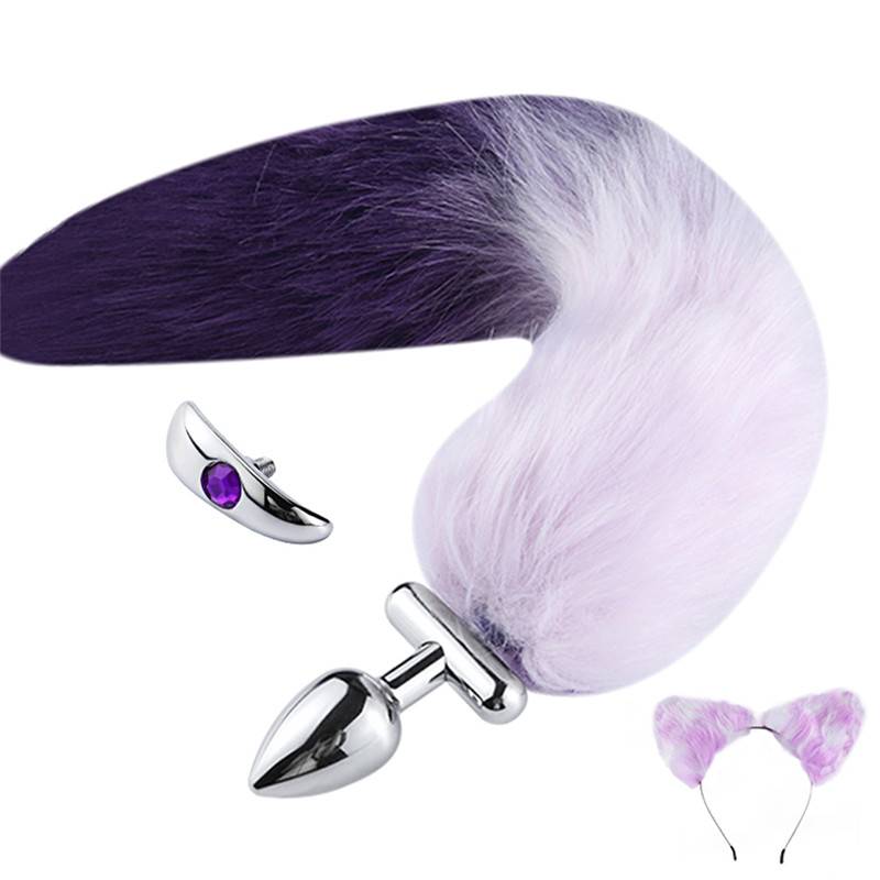 Screwed Tail Plug With Cat Ears - White & Purple