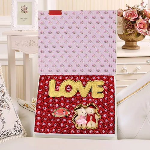 Soap flower horizontal version LOVE+Hug bear red