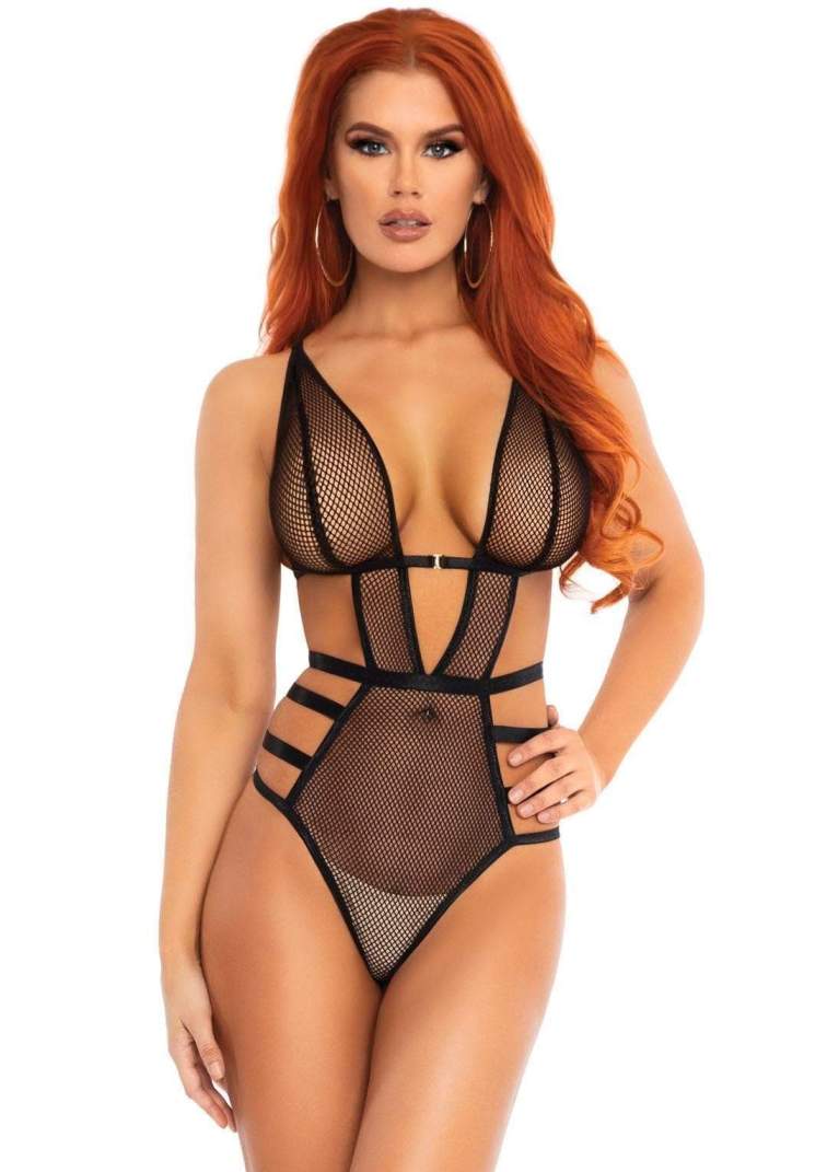 Fishnet Strappy Teddy - Black - L
