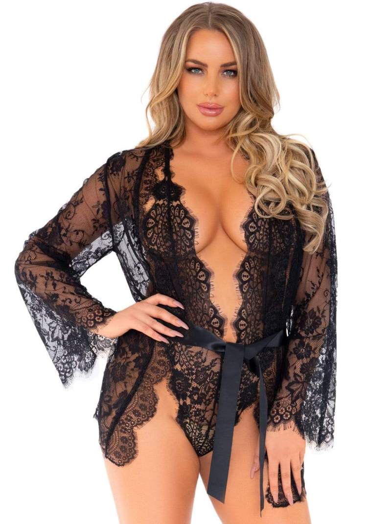 Love Affair Robe & Teddy Set - Black - L
