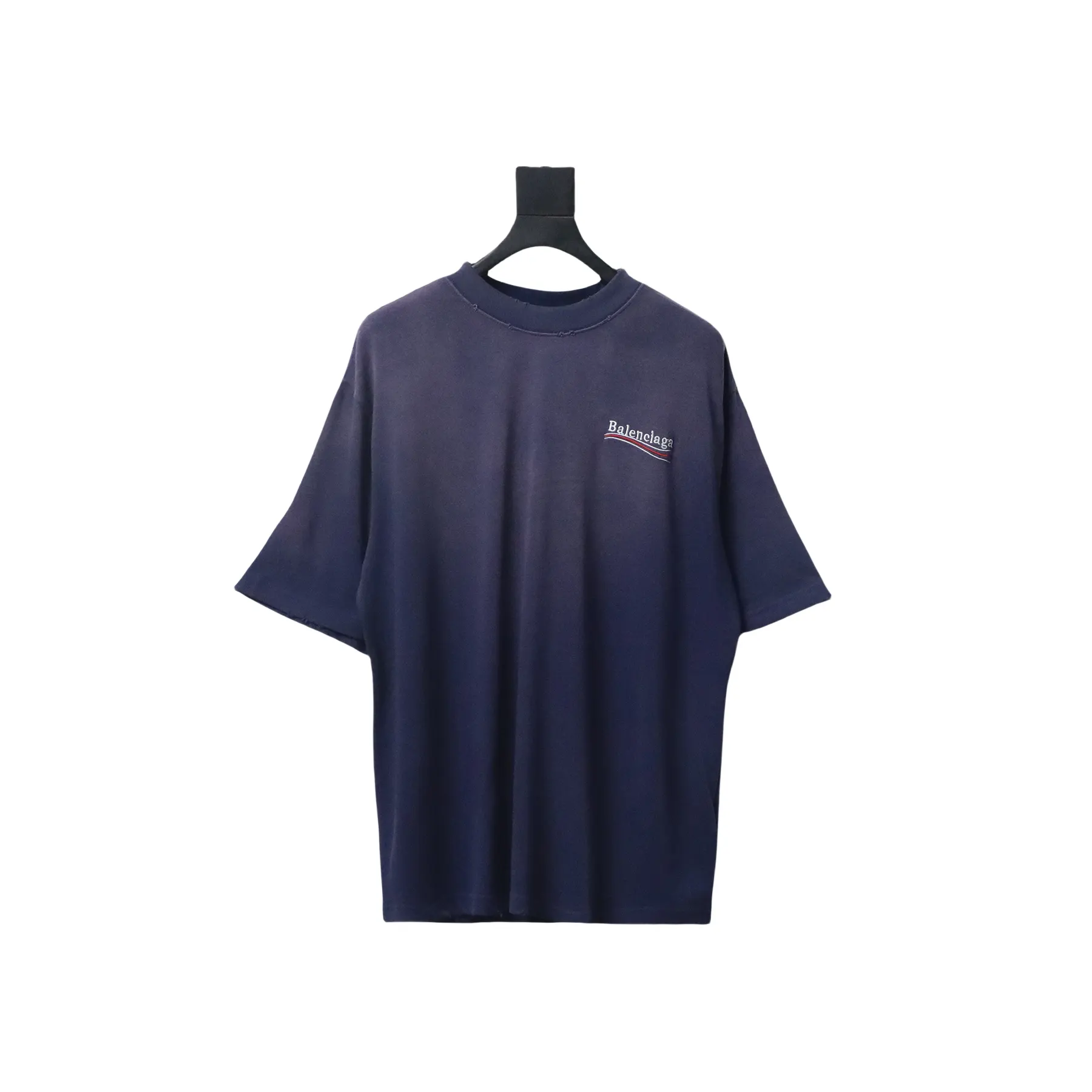 Balenciaga 25ss washed cola embroidery fried color hole short-sleeved T-shirt dark blue