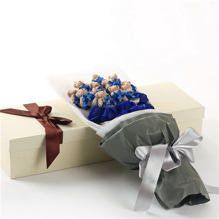 11 blue bears with 7 blue soap flowers